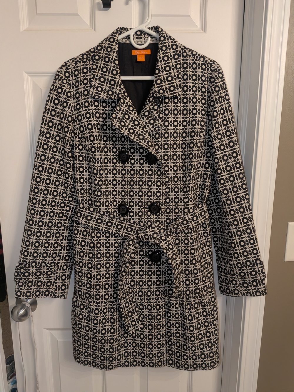 Black & White Patterned Double-Breasted Trench Coat with Belt